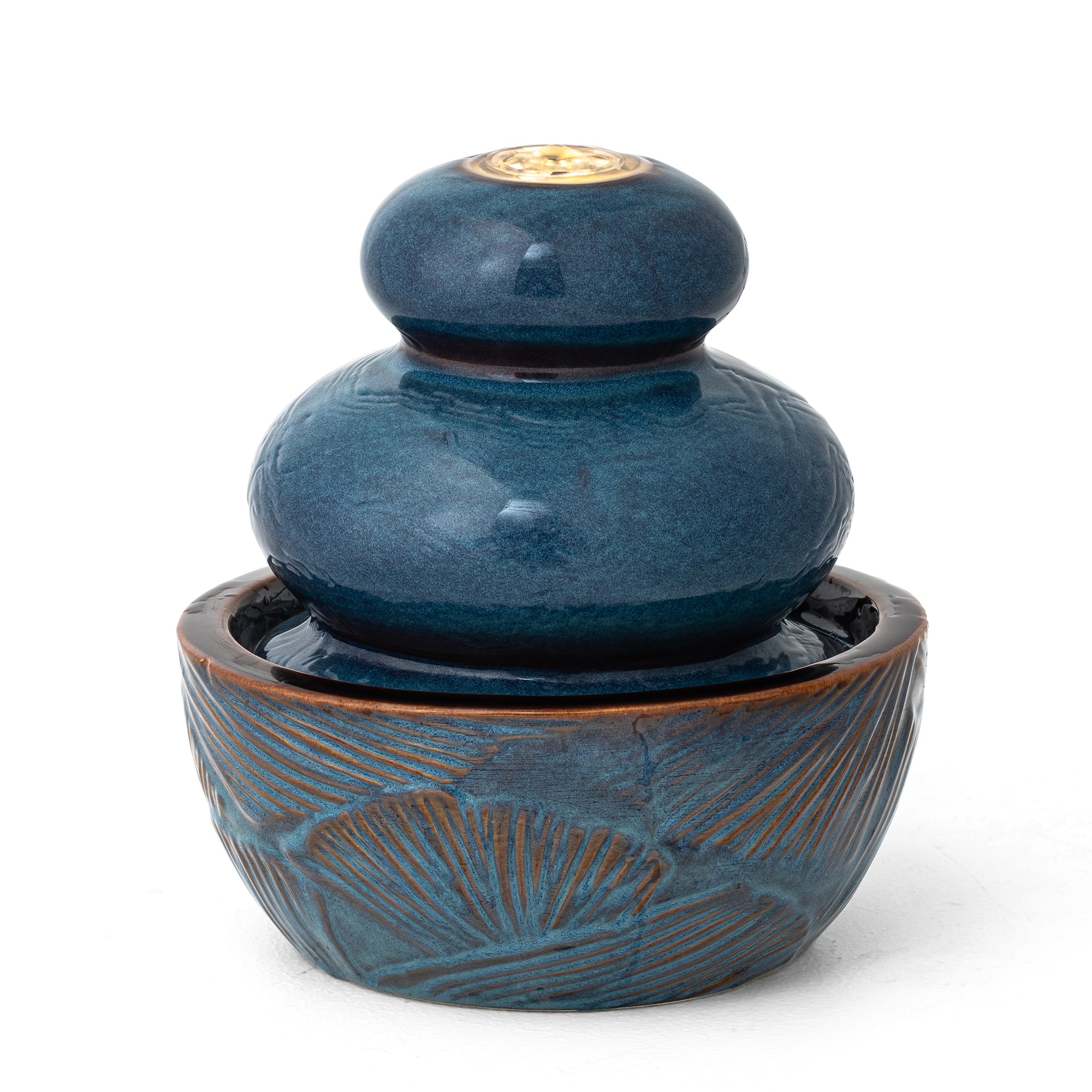 Glitzhome® 8.75" LED Turquoise Leaf Textured Ceramic Tabletop Fountain